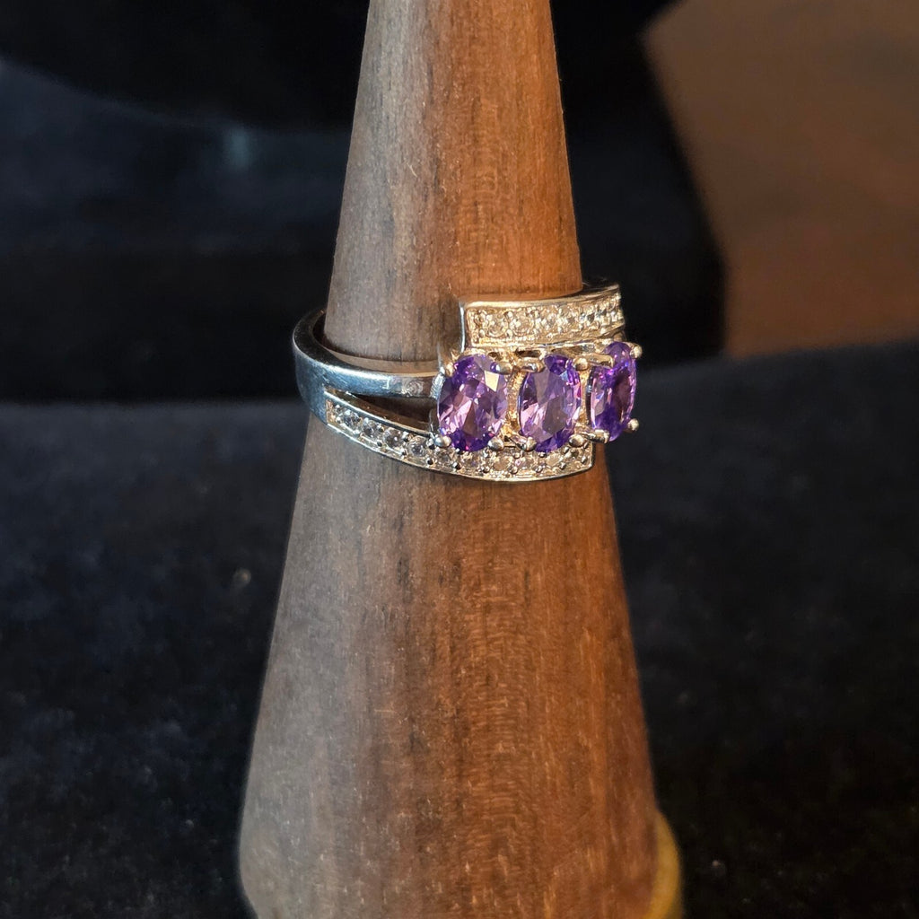 Silver Plated Cocktail Ring with Purple Stones