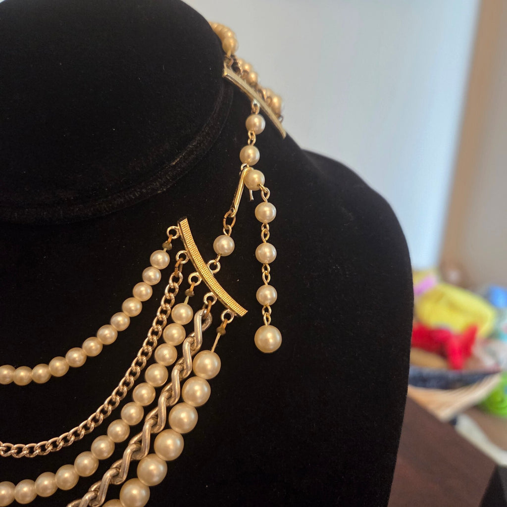 Vintage 5 Layer Faux Pearl and Silver-Tone Chain Necklace