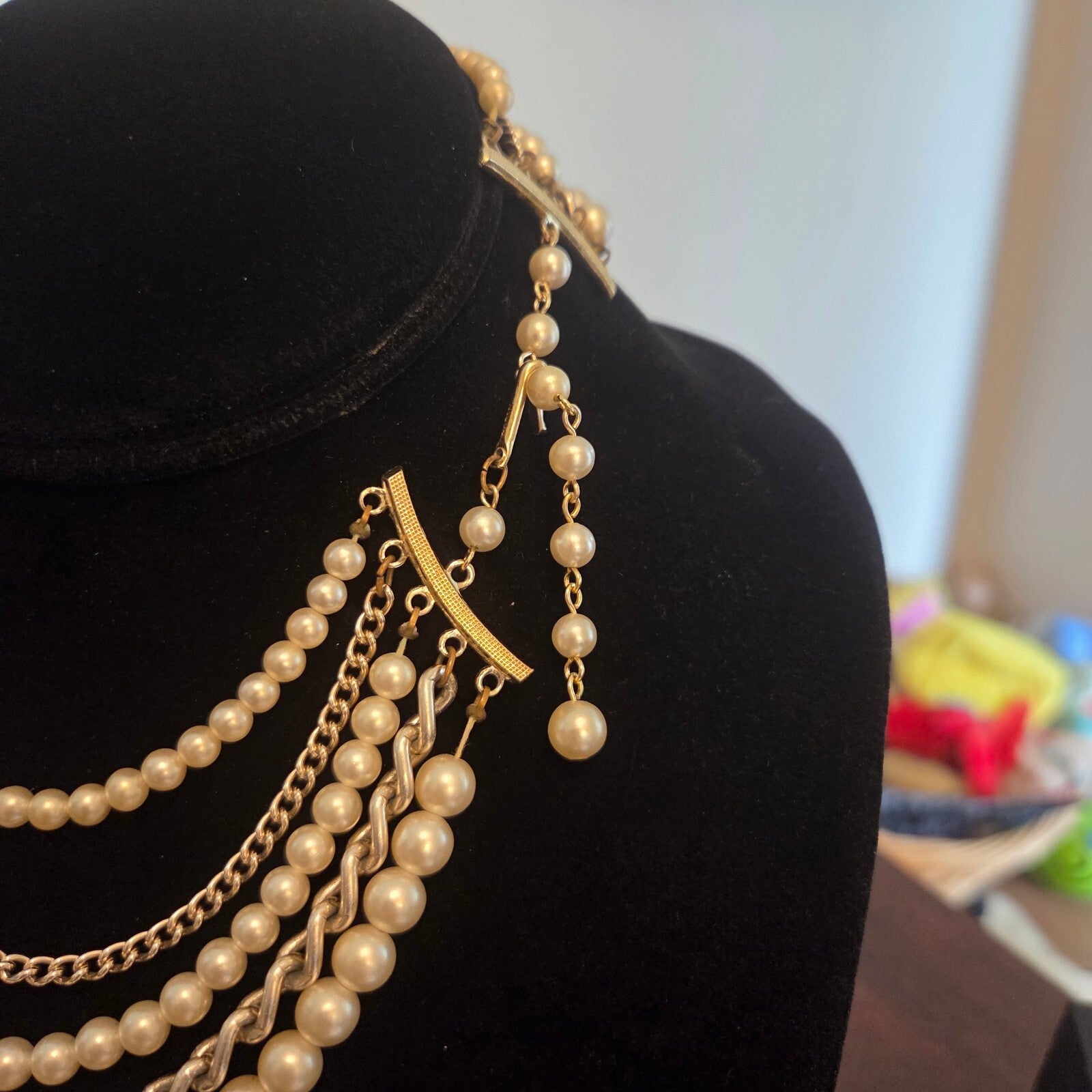 Vintage 5 Layer Faux Pearl and Silver-Tone Chain Necklace