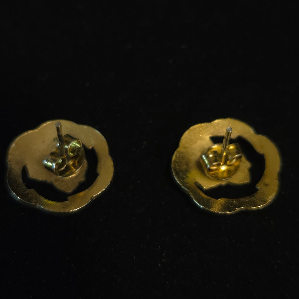 Vintage Round Ivory Cloisonné Enamel Flower Stud Earrings