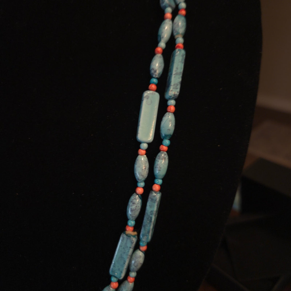 Turquoise and Coral Colored 52" Rectangle and Oval Necklace
