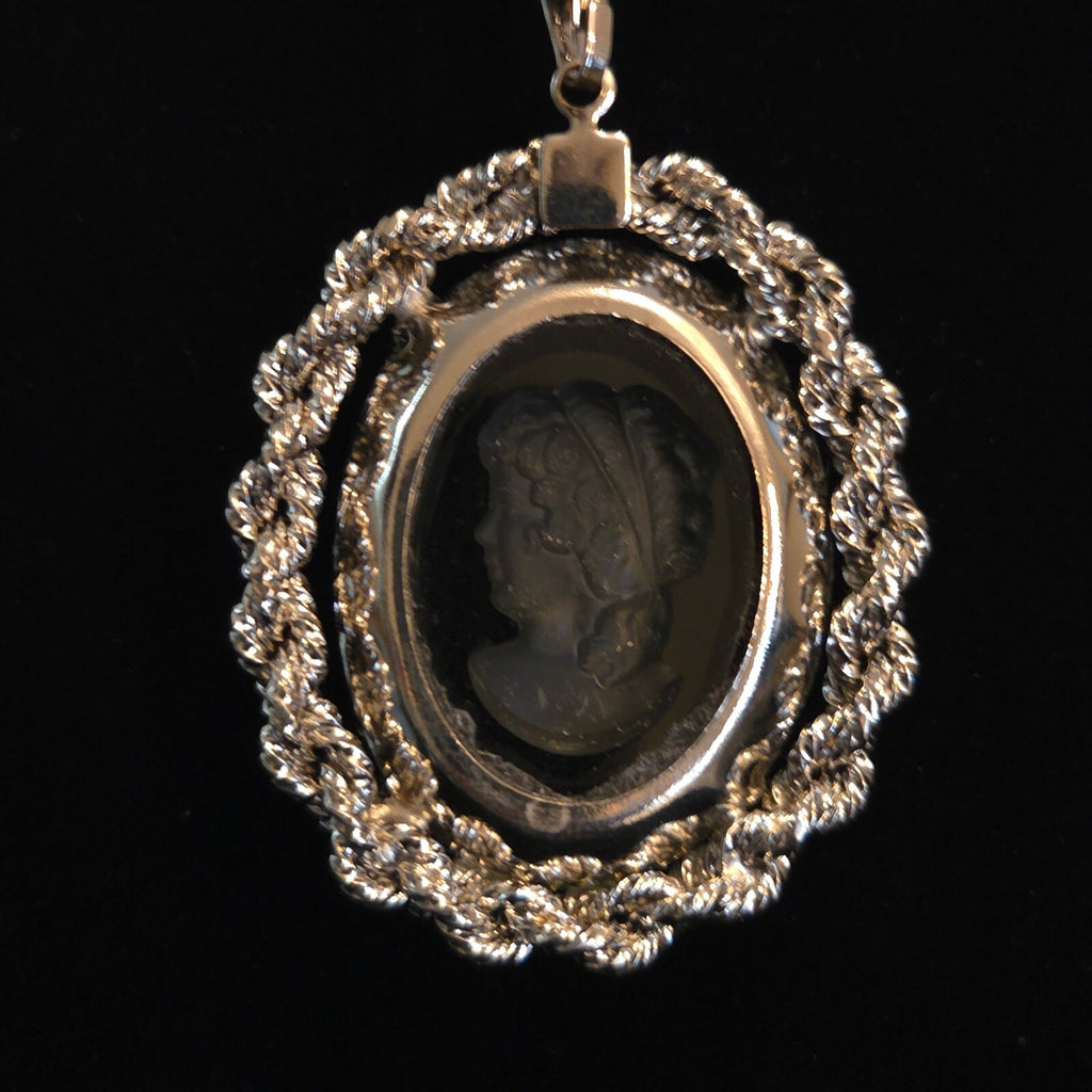 Vintage Glass Cameo pendant on 19" Silver Snake Chain