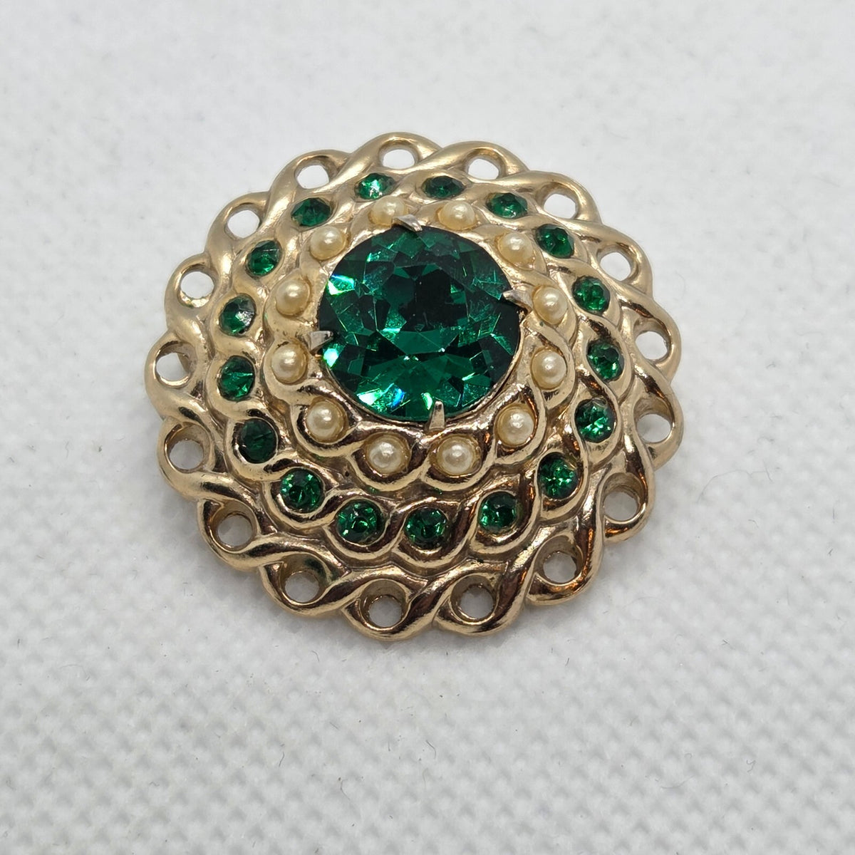 Vintage Tiered Coro Gold-Tone and Green Rhinestone & Pearl Brooch