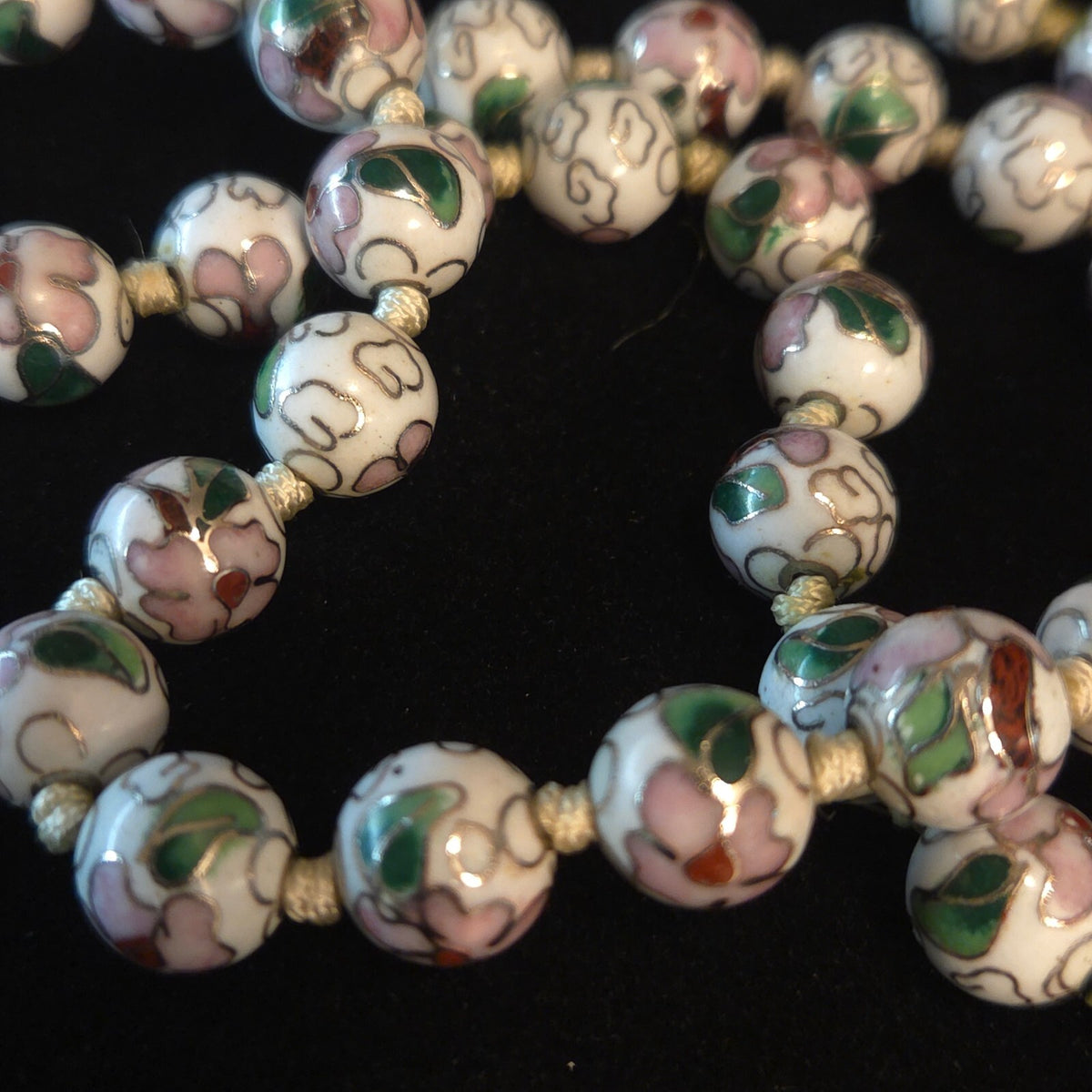 Vintage White 32" Knotted 9.5mm Cloisonné Bead Necklace