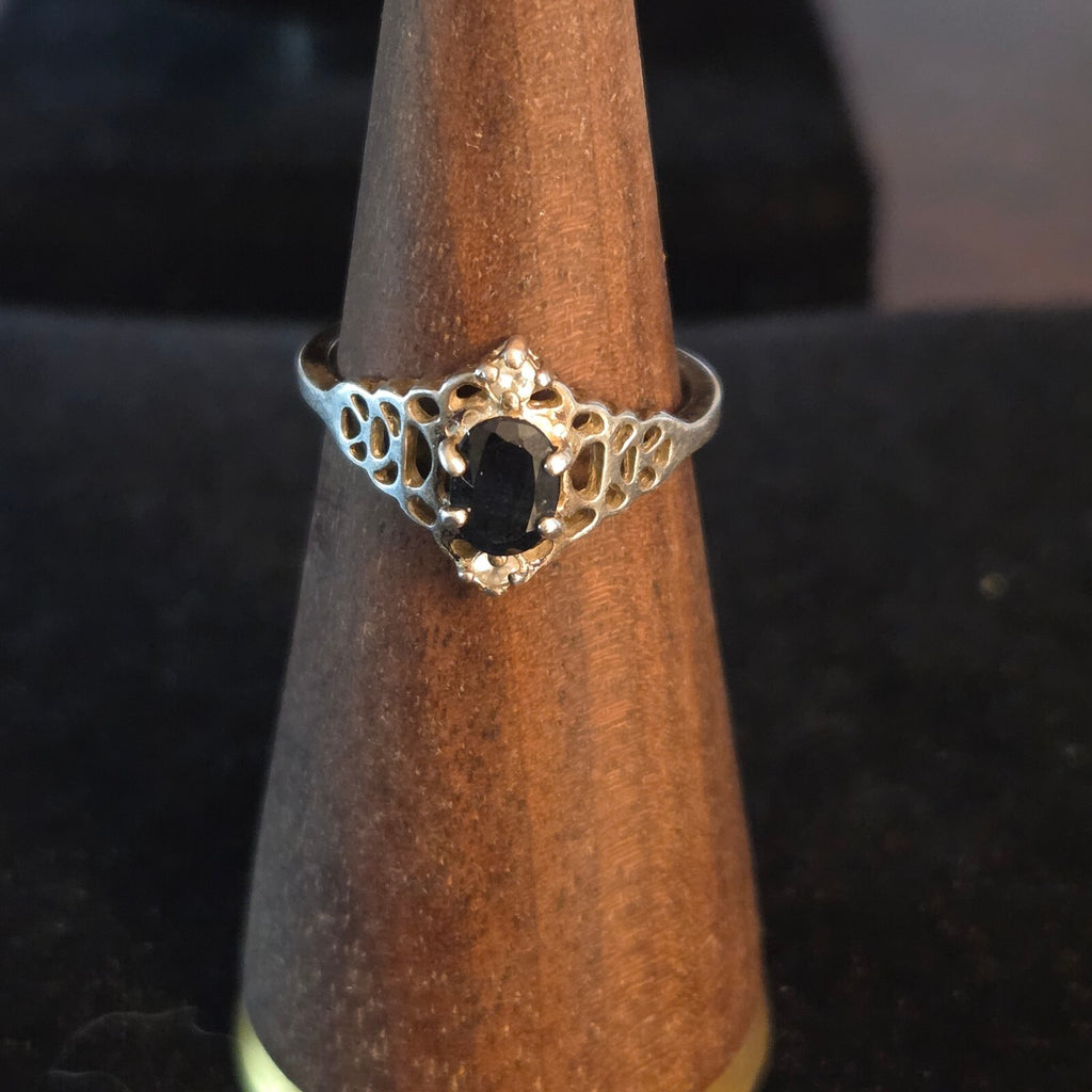 Vintage Size 8 Sterling Silver with Black Oval Sapphire Ring