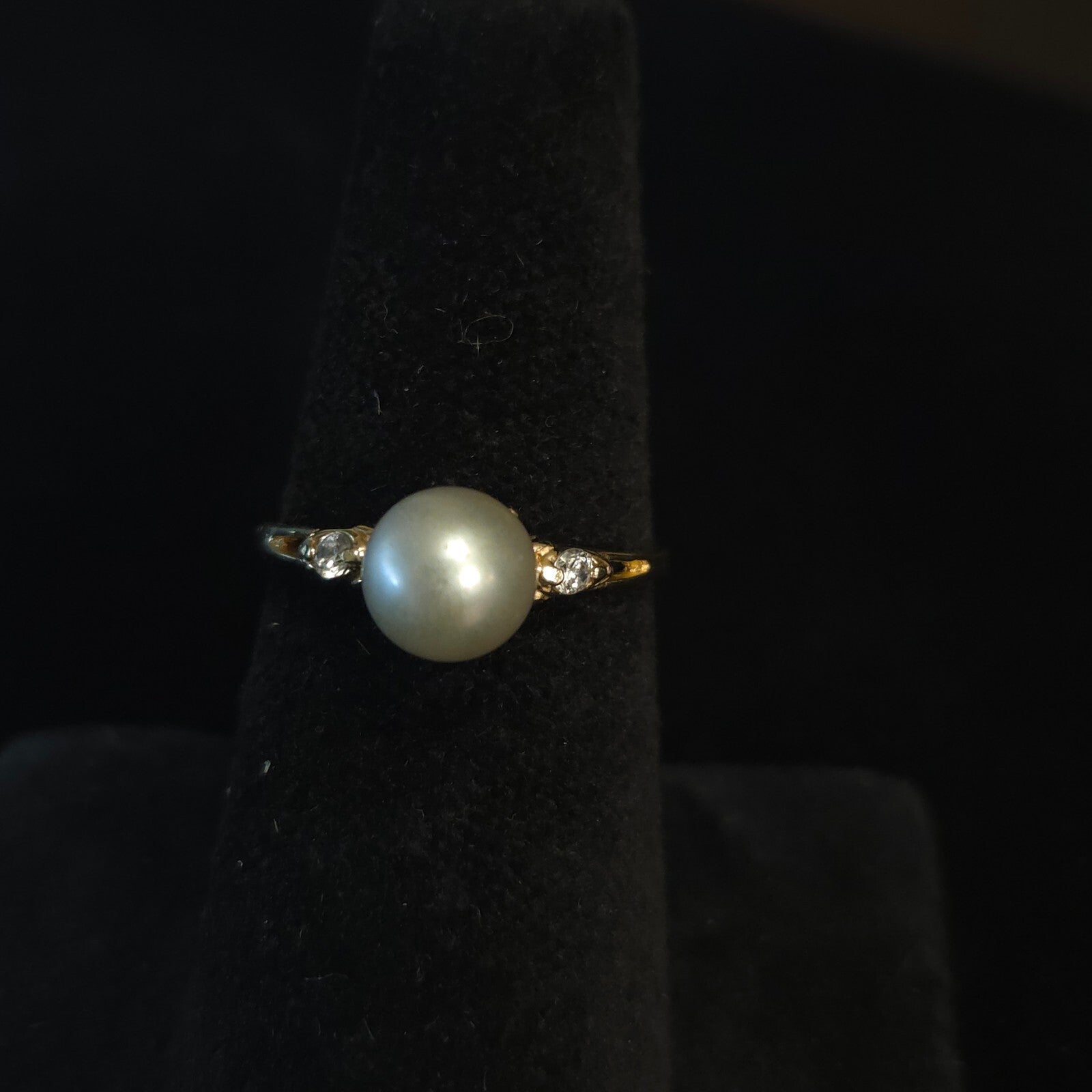 Vintage Size 7 10K Gold 6mm Pearl and CZ Ring