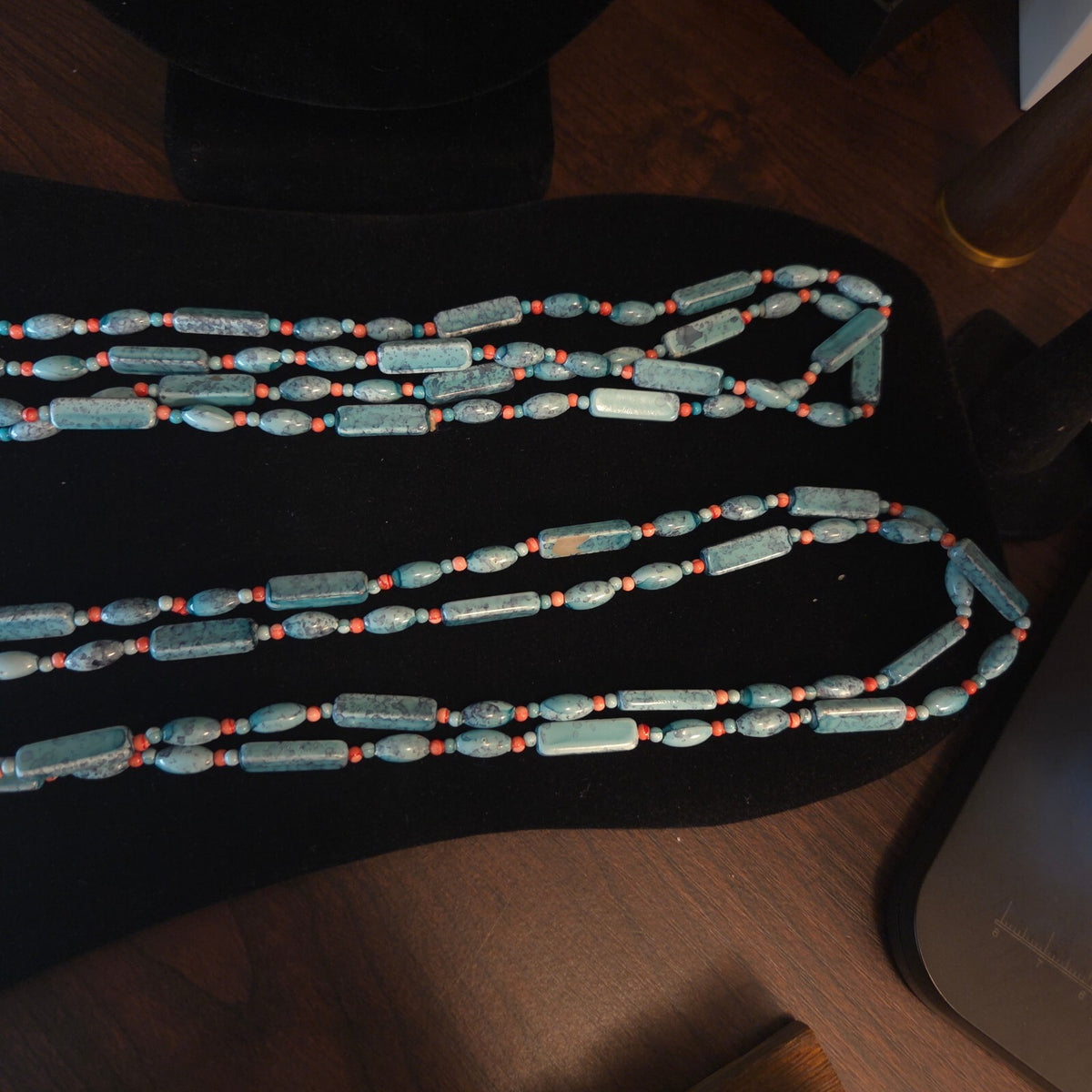 Turquoise and Coral Colored 52" Rectangle and Oval Necklace