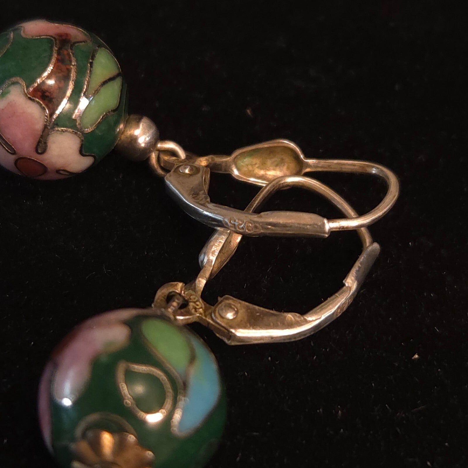Vintage Sterling Silver Dark Green Cloisonné Drop Earrings