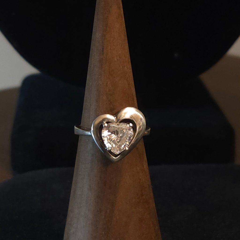 Vintage Size 7 Sterling Silver DQ Diamonique Heart CZ Ring