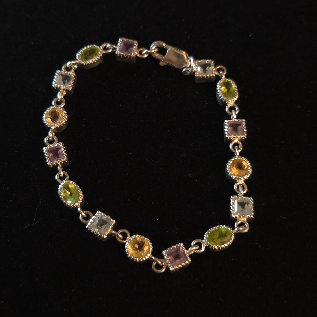 Vintage 7 1/4" Sterling Silver Multi-Gemstone Link Bracelet