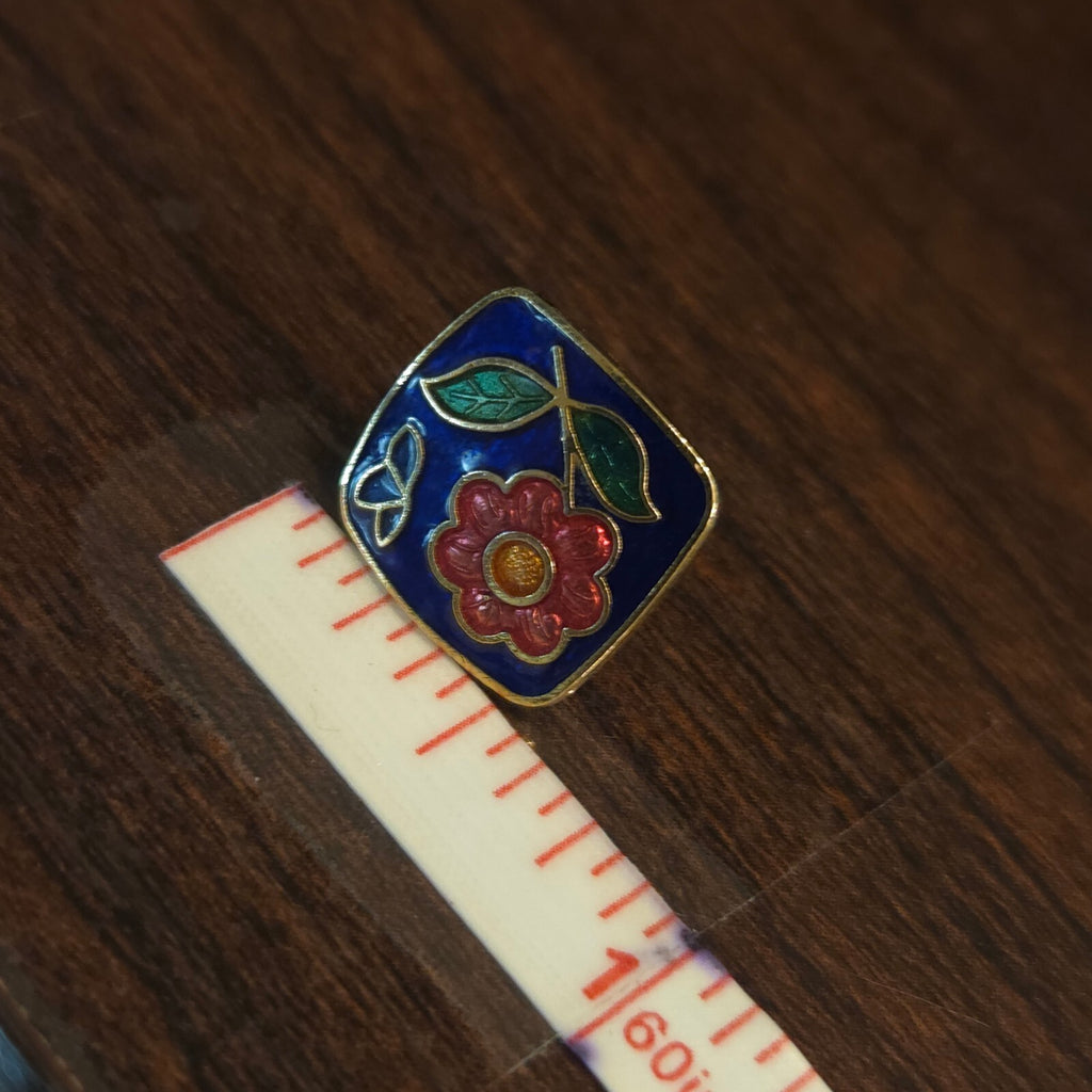 Vintage Square Blue Cloisonné Enamel Flower Stud Earrings