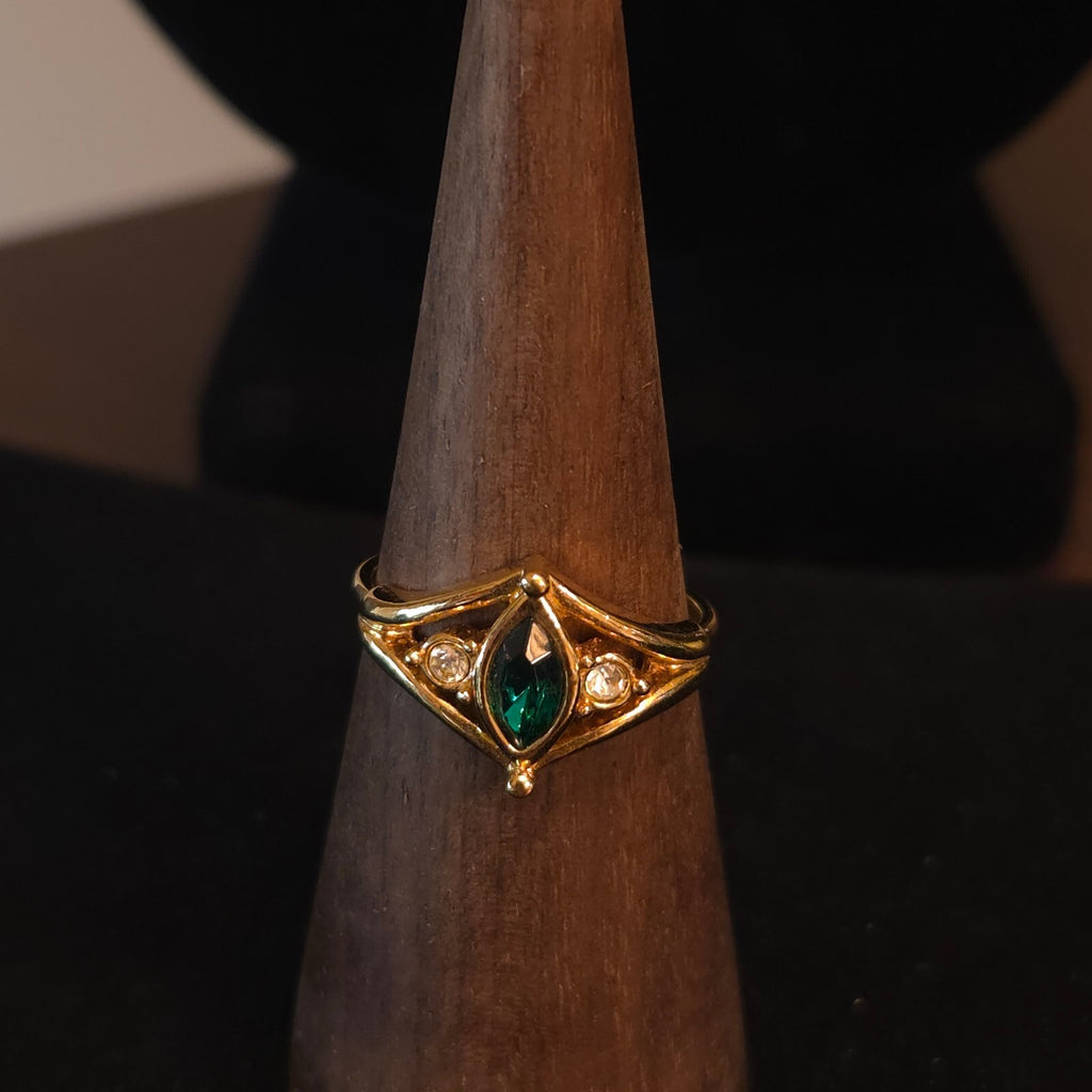 Avon Size 9.5 Gold Plated Emerald Color Marquise Ring
