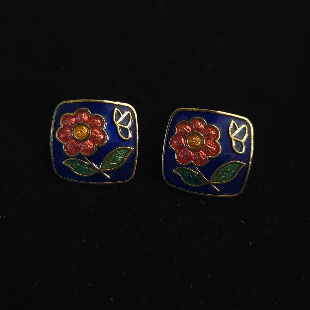Vintage Square Blue Cloisonné Enamel Flower Stud Earrings