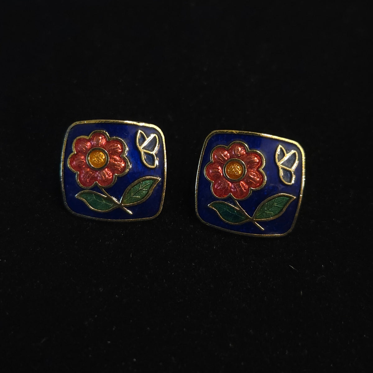Vintage Square Blue Cloisonné Enamel Flower Stud Earrings