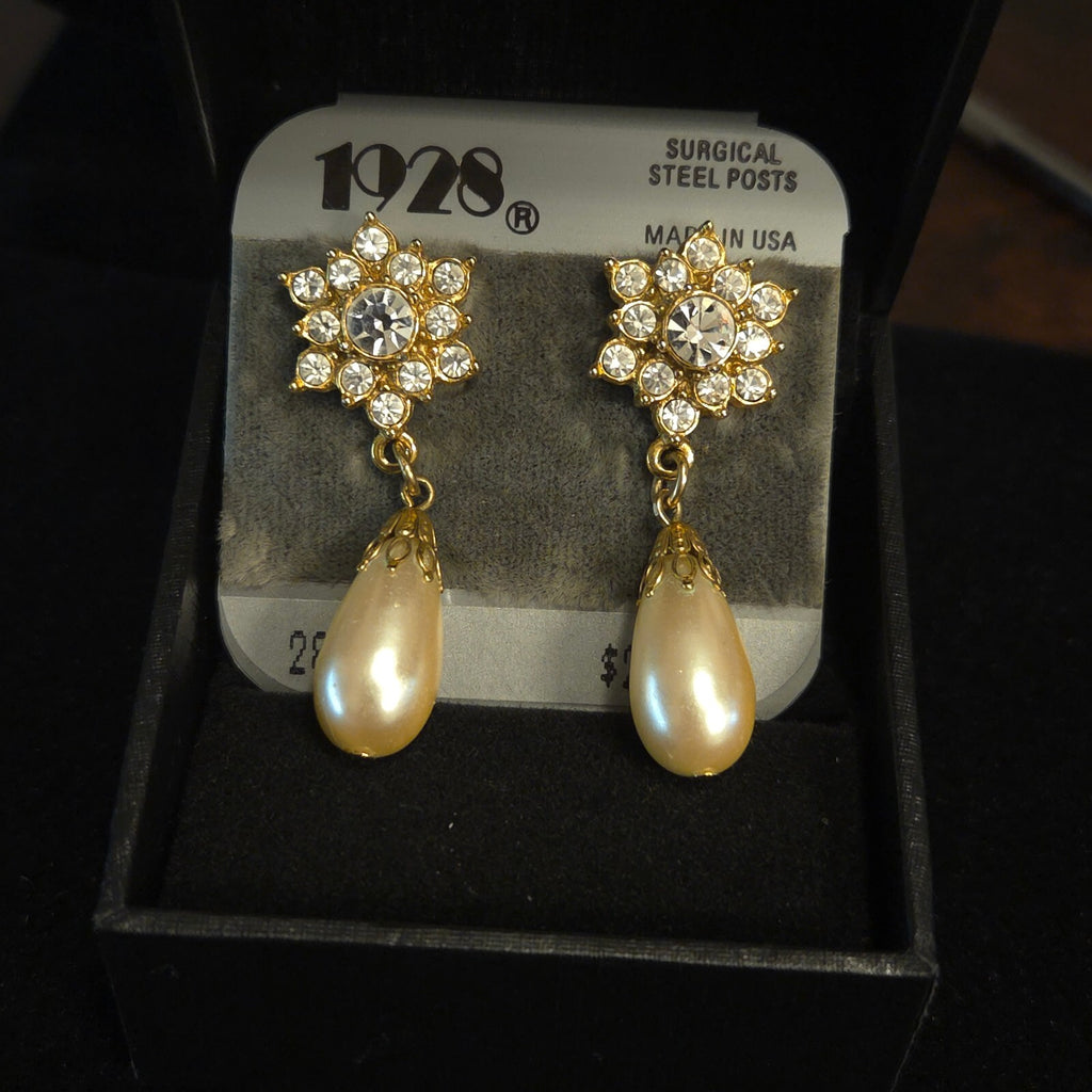 Vintage 1928 Gold-Tone Pearl & Crystal Dangle Earrings