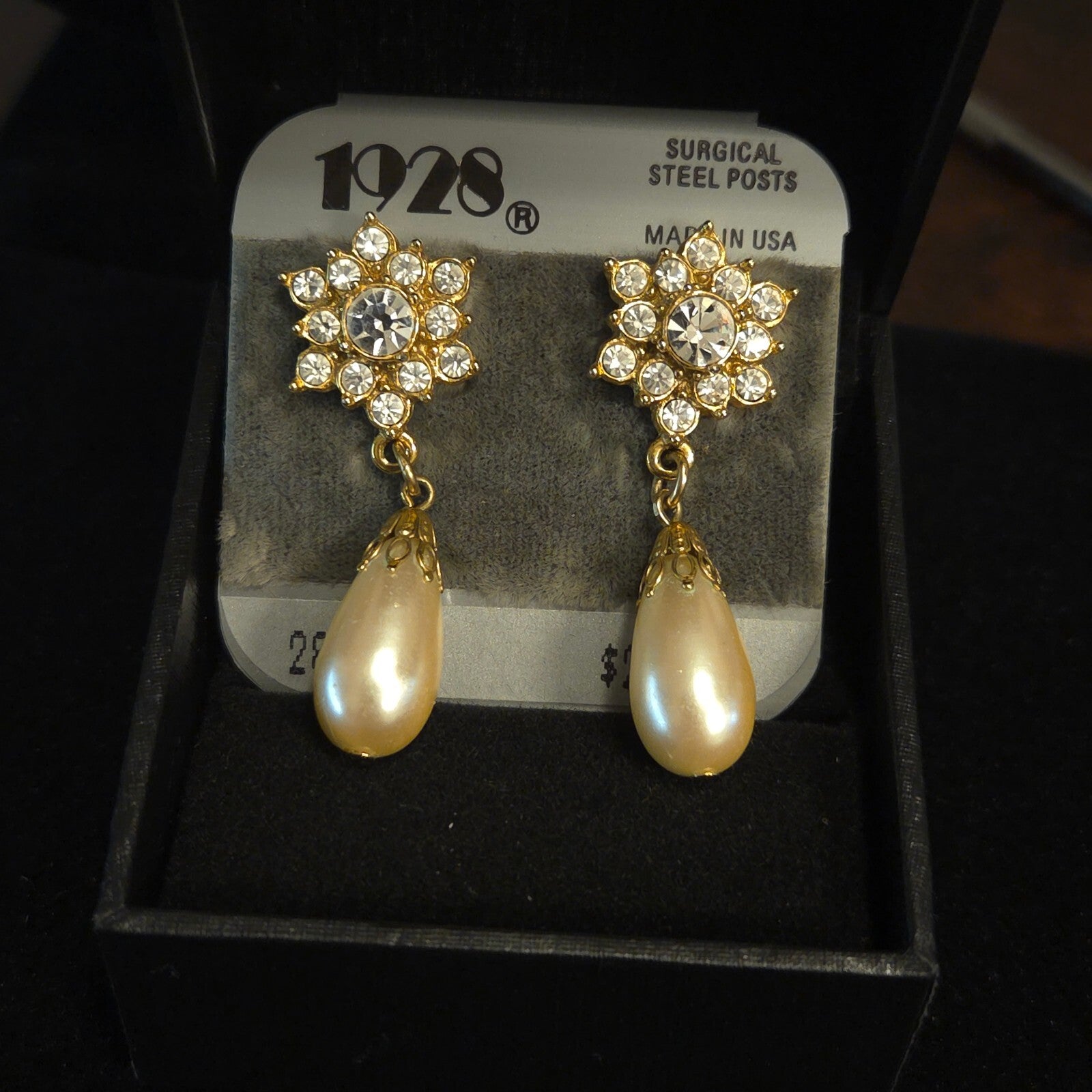 Vintage 1928 Gold-Tone Pearl & Crystal Dangle Earrings