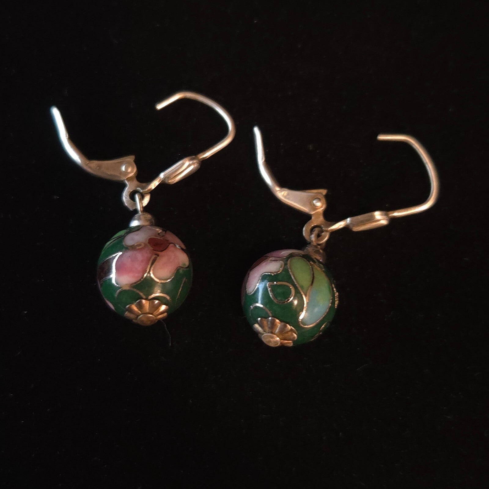Vintage Sterling Silver Dark Green Cloisonné Drop Earrings