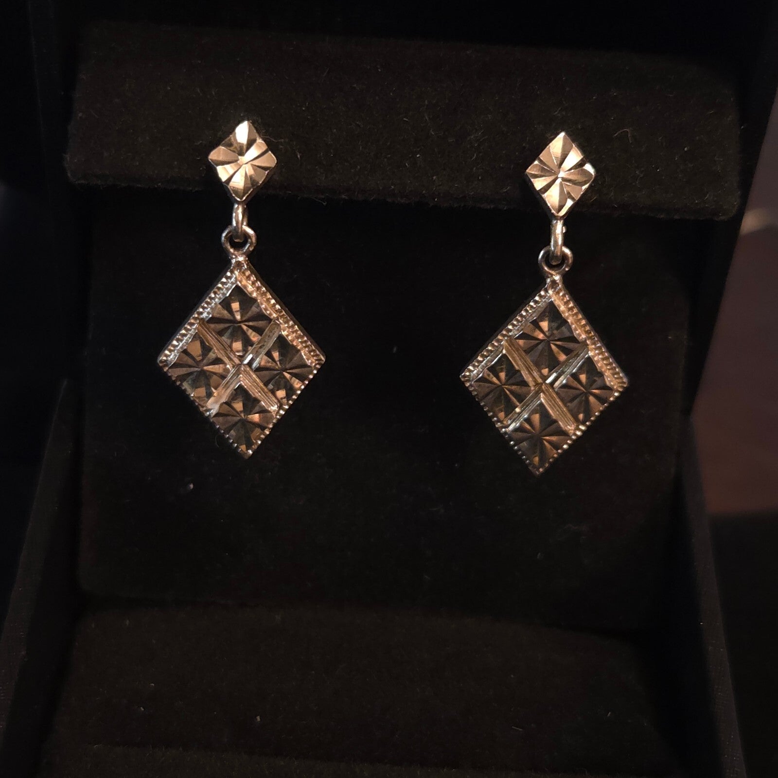 Vintage Sterling Silver Diamond Shape Dangle Earrings