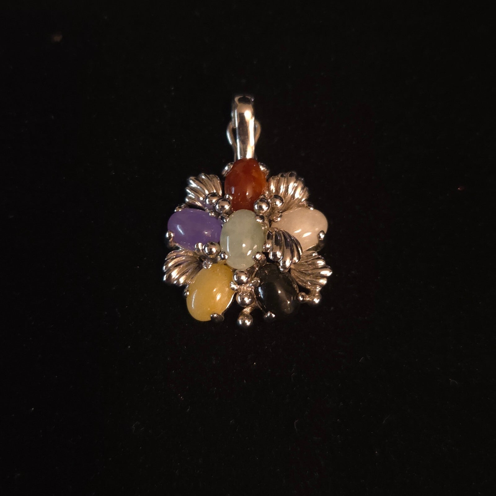 Vintage 925 Sterling Silver Multi-Color Jade Floral Pendant