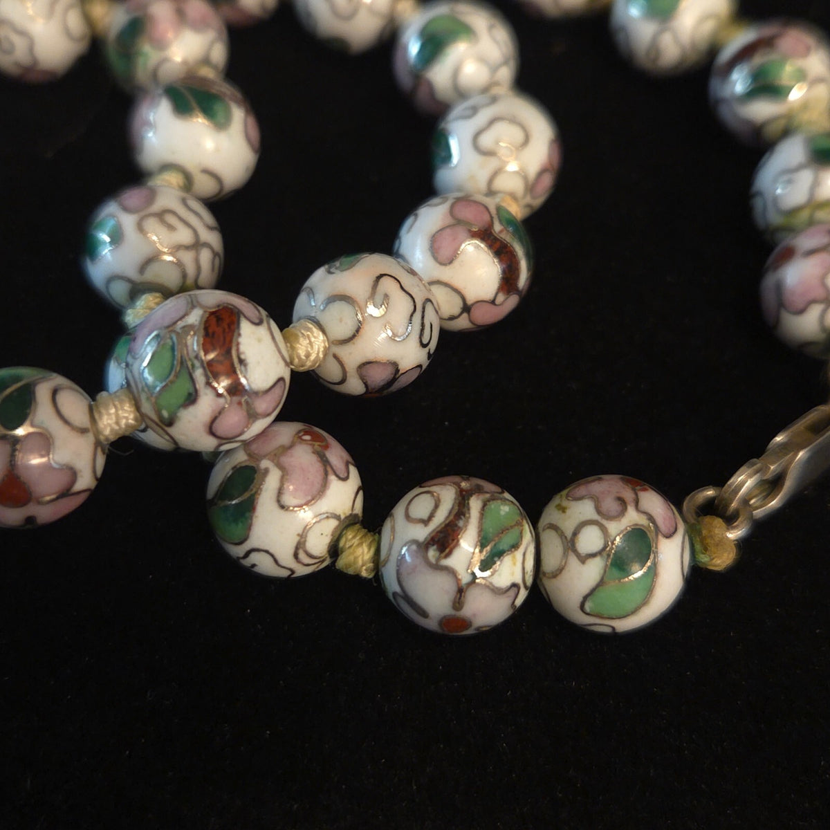 Vintage White 32" Knotted 9.5mm Cloisonné Bead Necklace