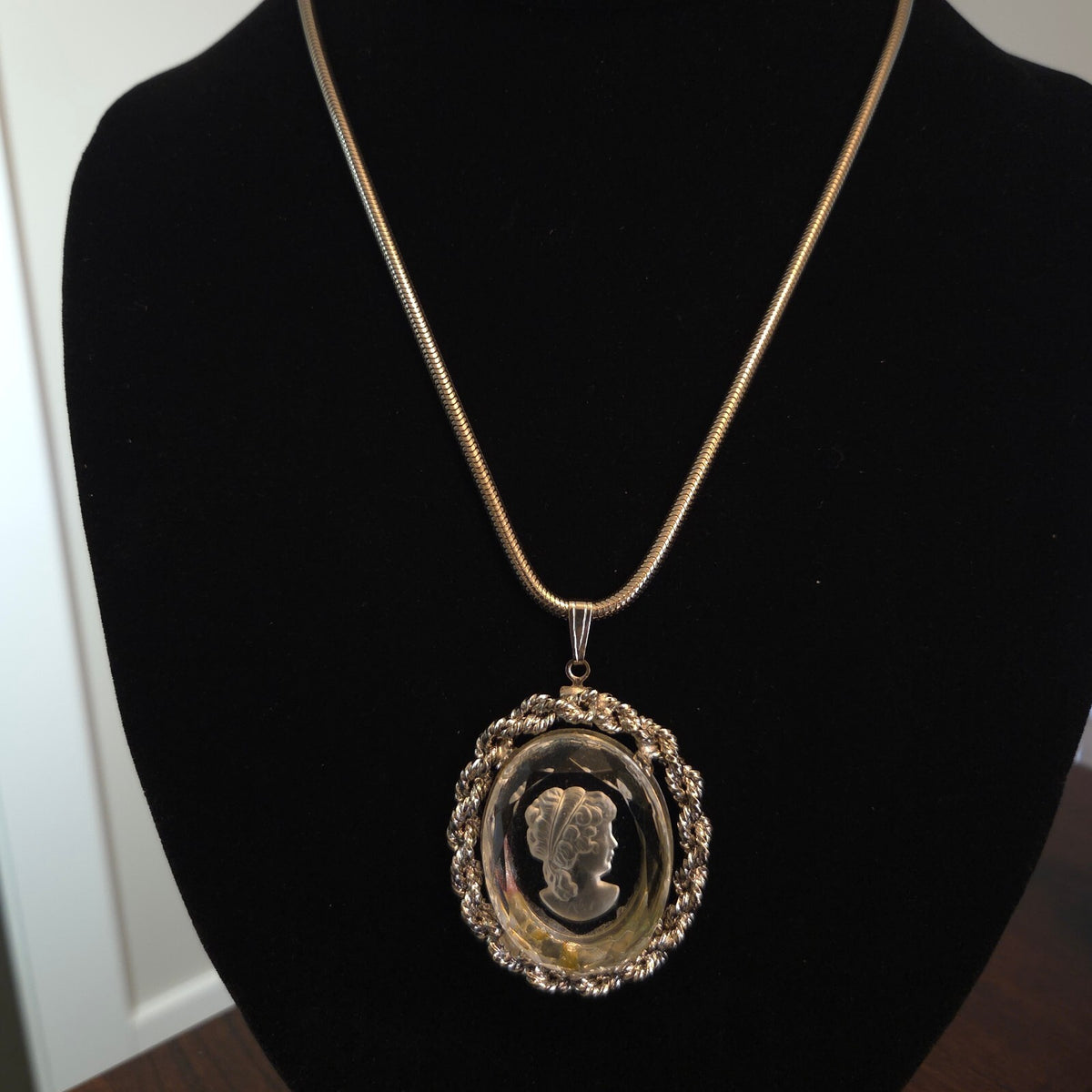 Vintage Glass Cameo pendant on 19" Silver Snake Chain