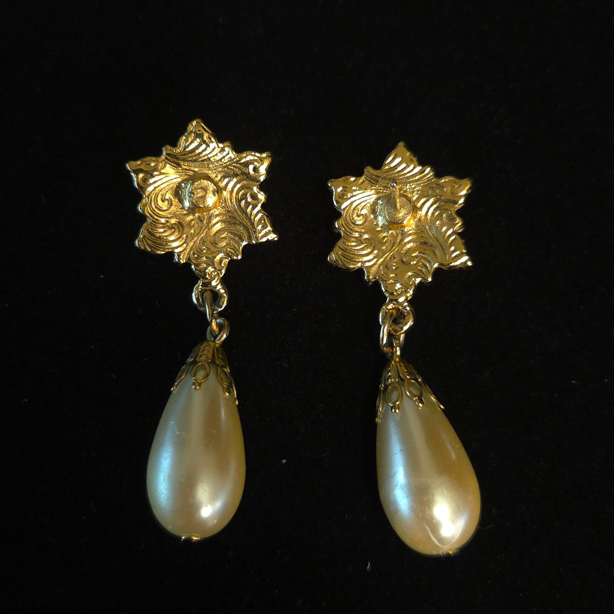 Vintage 1928 Gold-Tone Pearl & Crystal Dangle Earrings